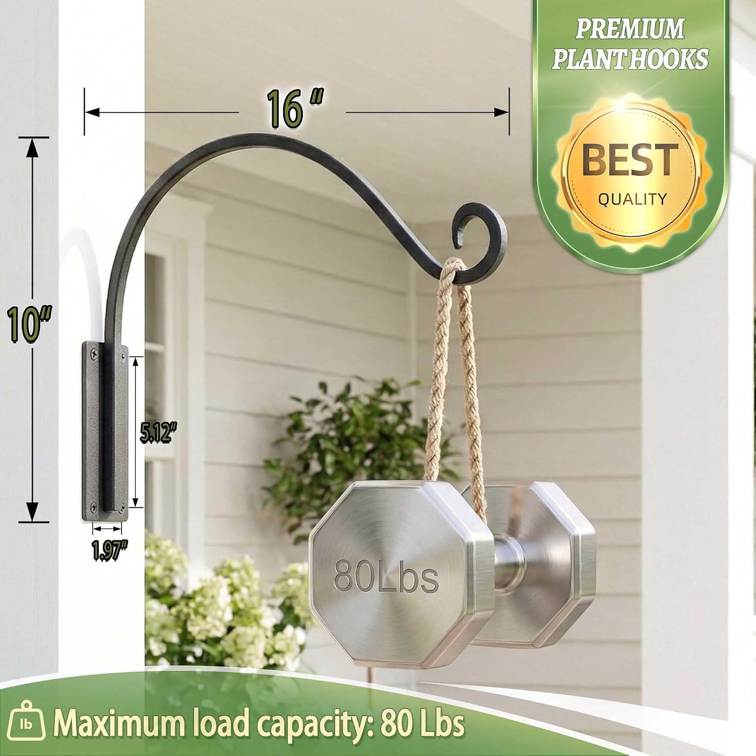 Lifyzoon Heavy Duty Plant Hanger Bracket: 80 lbs 16 Inch Outdoor Hook | Hand-forged Steel Wall Mount, Holds 80 Lbs for