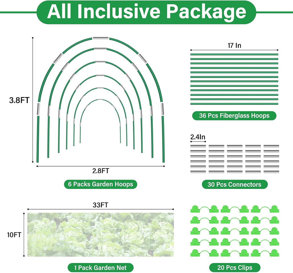 Garden Mesh Netting Kit for Raised Beds, 10x33FT Ultra Fine Mesh Netting&6 Sets 8FT Fiberglass Garden Hoops, Insect