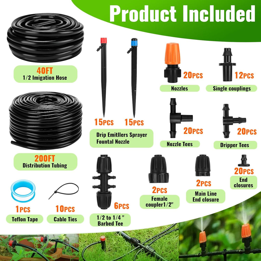 240FT Drip Irrigation System with with 1/2'' 1/4'' Tubing Hose | Automatic Drip Irrigation Kits Quick-Connect for