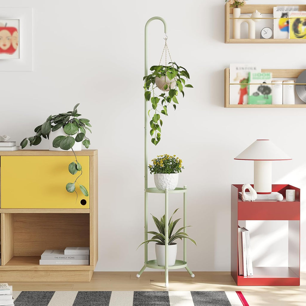2-Tier Metal Plant Stand with Hanging Hook,Green | rustproof iron shelf for indoor/outdoor use. Holds planters, bird