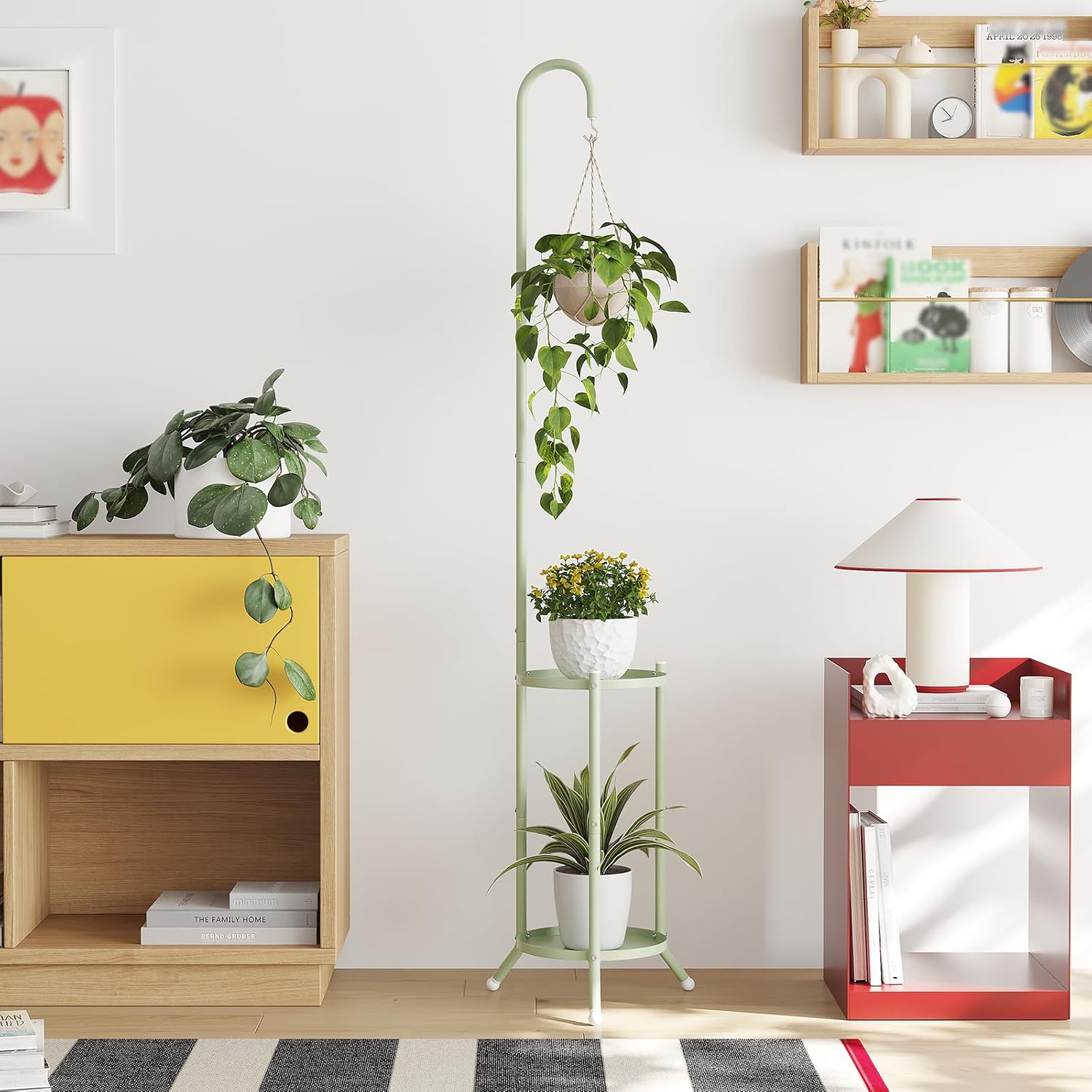 2-Tier Metal Plant Stand with Hanging Hook,Green | rustproof iron shelf for indoor/outdoor use. Holds planters, bird