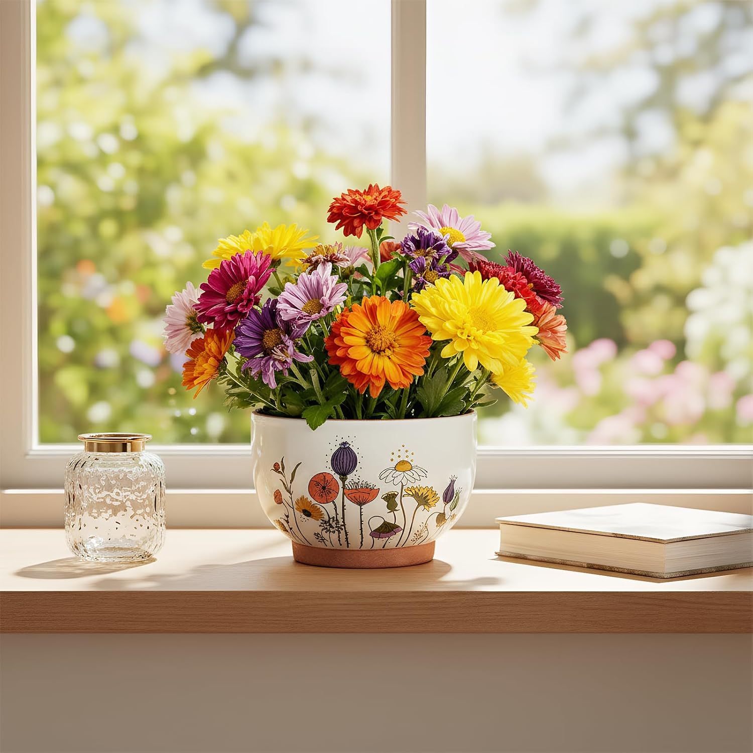 Terracotta Pots, 8+6 Inch Plant Pots, 2 Pcs with Drainage Holes | White & terracotta ceramic planters with botanical