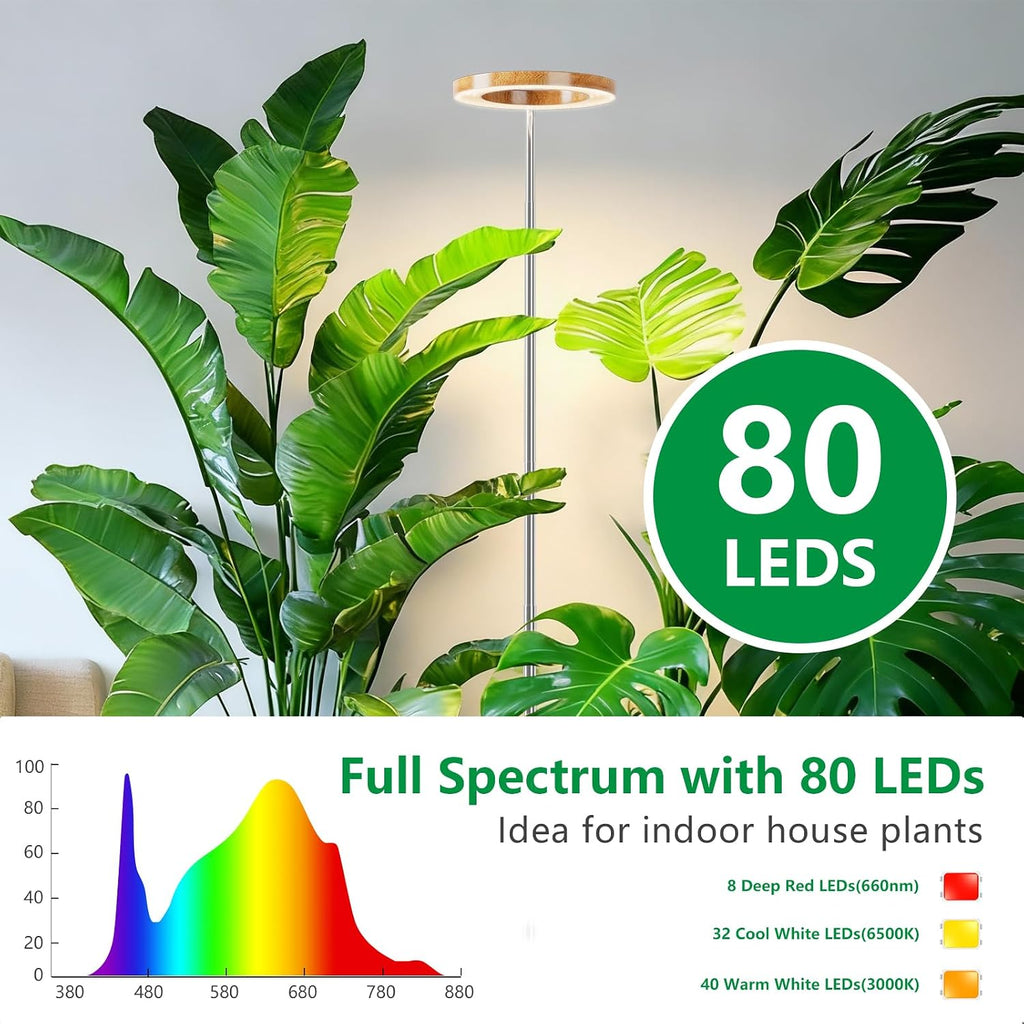 SDOVUERC Full Spectrum Grow Lights for Indoor Plants – Adjustable Height Plant Lamp with Wood‑Grain Finish, 6/12/18H