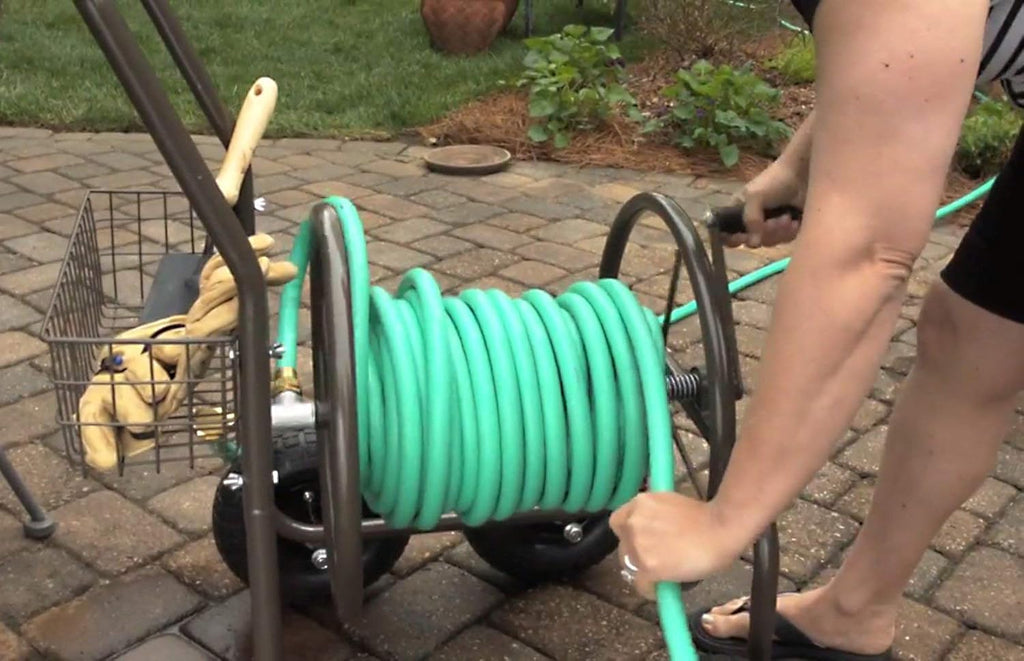 Liberty Garden Residential Grade Four Wheel 250 Foot Capacity Steel Frame Water Hose Reel Cart with Basket for