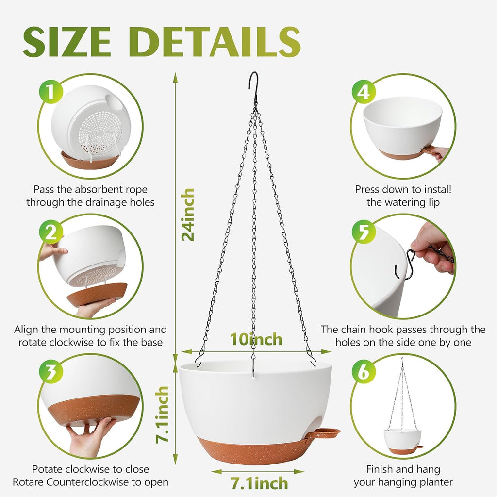 Hanging Planters, Self Watering, White 10 Inch 2 Pack with Drainage | Indoor Outdoor Use, Removable Drainage Tray