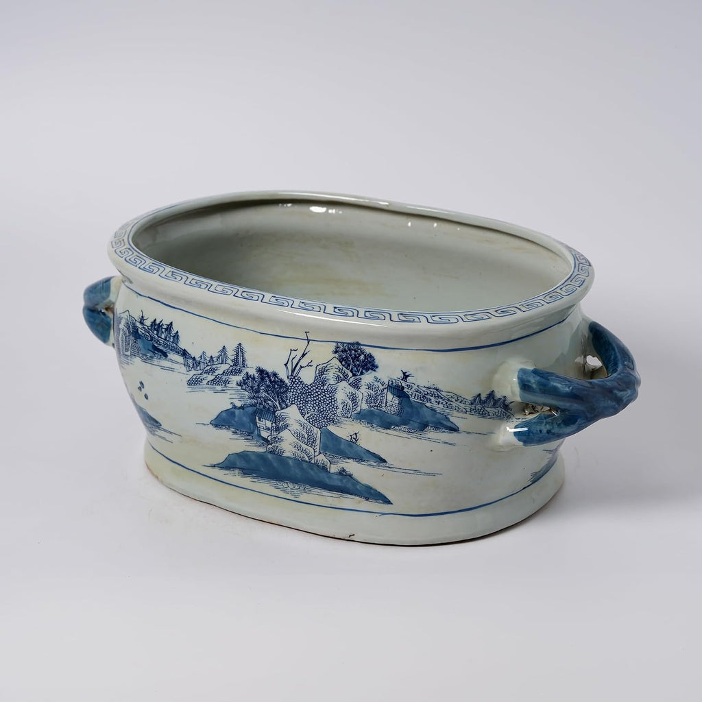 JINDEZHEN Vintage Blue and White Flower & Birds Porcelain Footbath Planter Chinoiserie Scenery Motif Ceramic Flower Pot