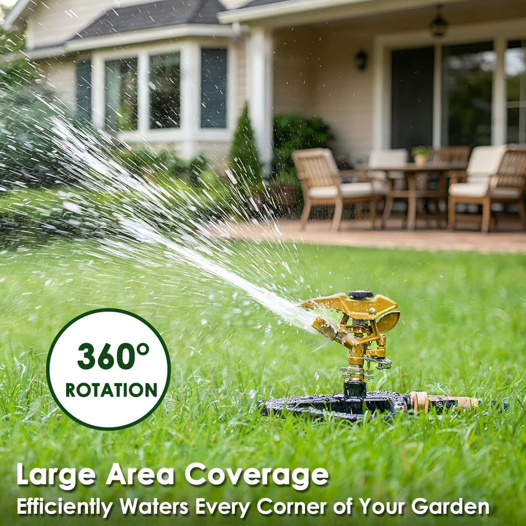 FANHAO Heavy Duty Pulsating Impact Sprinkler with Metal Base, 100% Metal 360° Adjustable Garden Sprinkler, Covers Up to