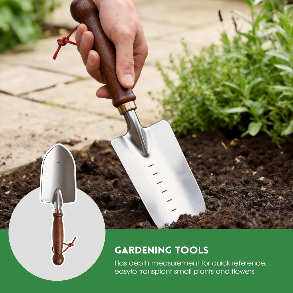 Garden Tools, 4 Pack Garden Shovel with Wooden Handles Hand Tools with Transplanting Hand Shovel, Rake and Root Picker
