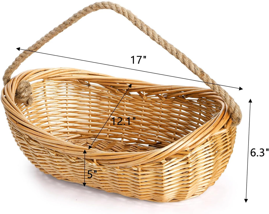 Wicker Woven Basket with Jute Rope Handle, Large Garden Harvest Basket for Gathering Vegetables, Multi-functional Fruit