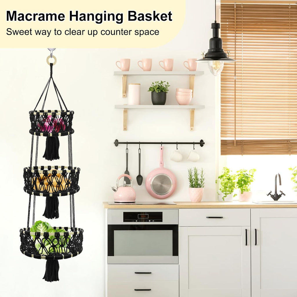 3-tier Hanging Fruit Baskets for Kitchen, Woven Cotton Rope Fruit Hammock, Macrame Hanger Holder for Fruit Vegetable