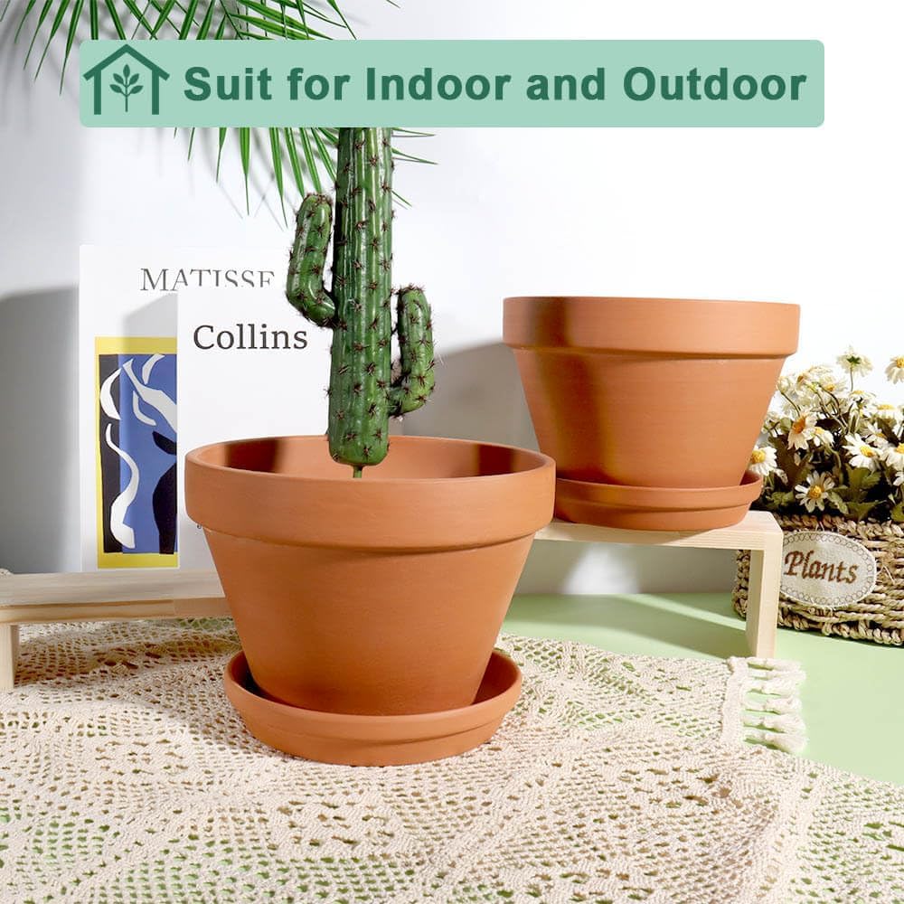 8 Inch Terracotta Pots with Saucer - 1 Pack Large Terra Cotta Pot with Drainage Hole, Clay Planters Pot for Indoor