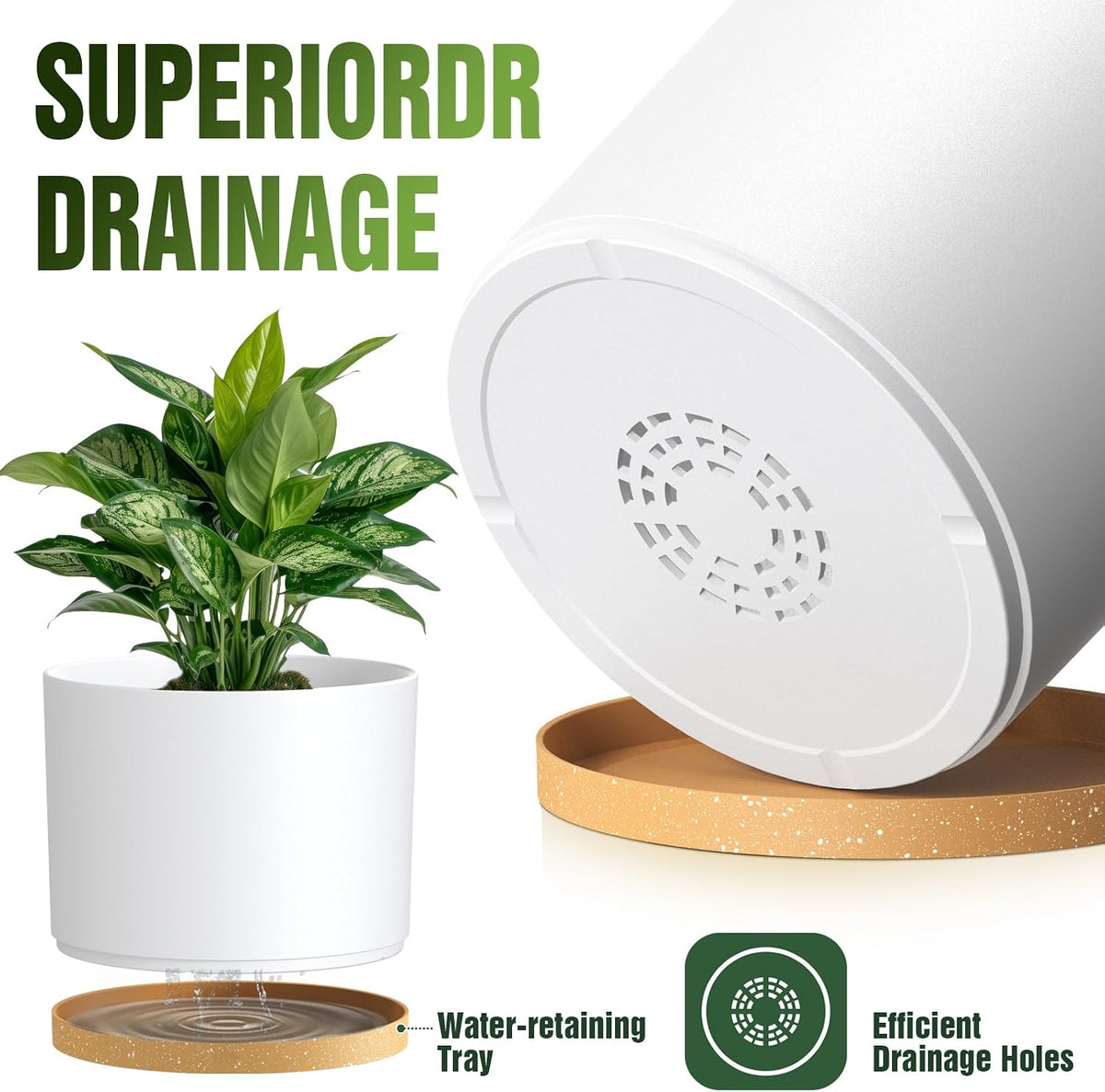 10/9/8 Inch Plant Pots 3 Pack, with Drainage Hole & Saucers | Cylindrical plastic planters with drainage holes &
