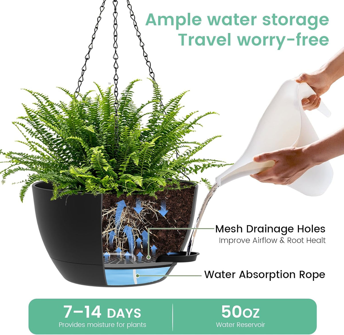 UOUZ 13 Inch 2 Pack Large Self Watering Hanging Planters for Indoor Outdoor Plants, Hanging Plant Pots with Removable