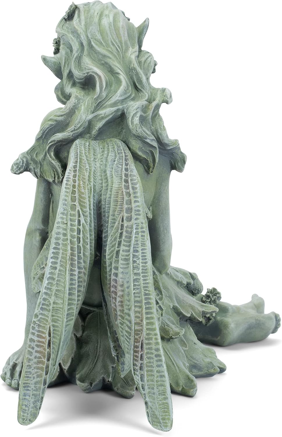Napco Reclining Fairy with Bird 12 x 18.5 Inch Green Resin Cast Garden Statue