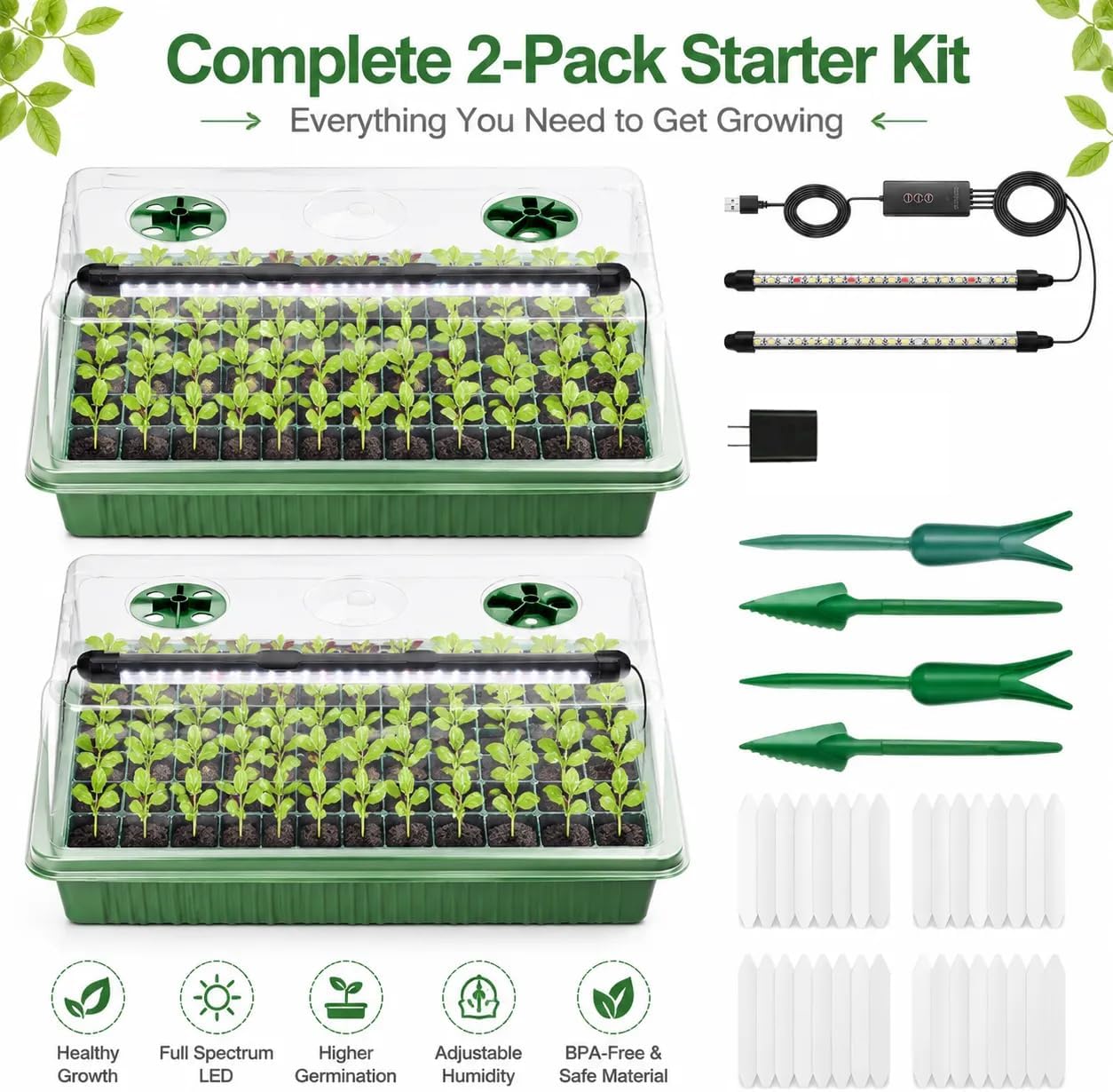 Seed Starter Tray with Timed Grow Light, 2 Pack 80 Cells Plant Starter Tray Seedling Starter Kit with Humidity Domes