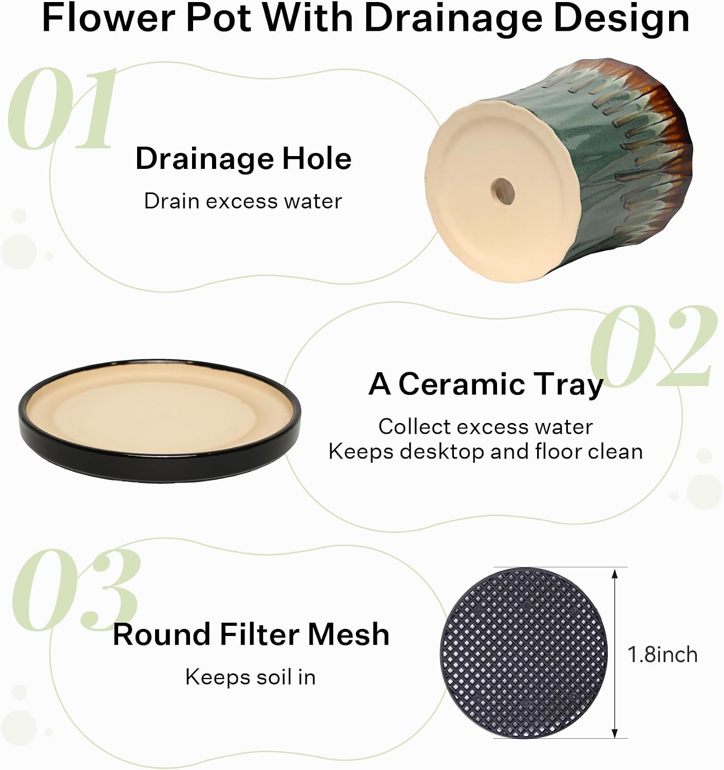 6.6 Inch Ceramic Planters with Drainage Hole and Saucer,Indoor Outdoor Large Flower Pots, Garden Pot for Plant Lovers