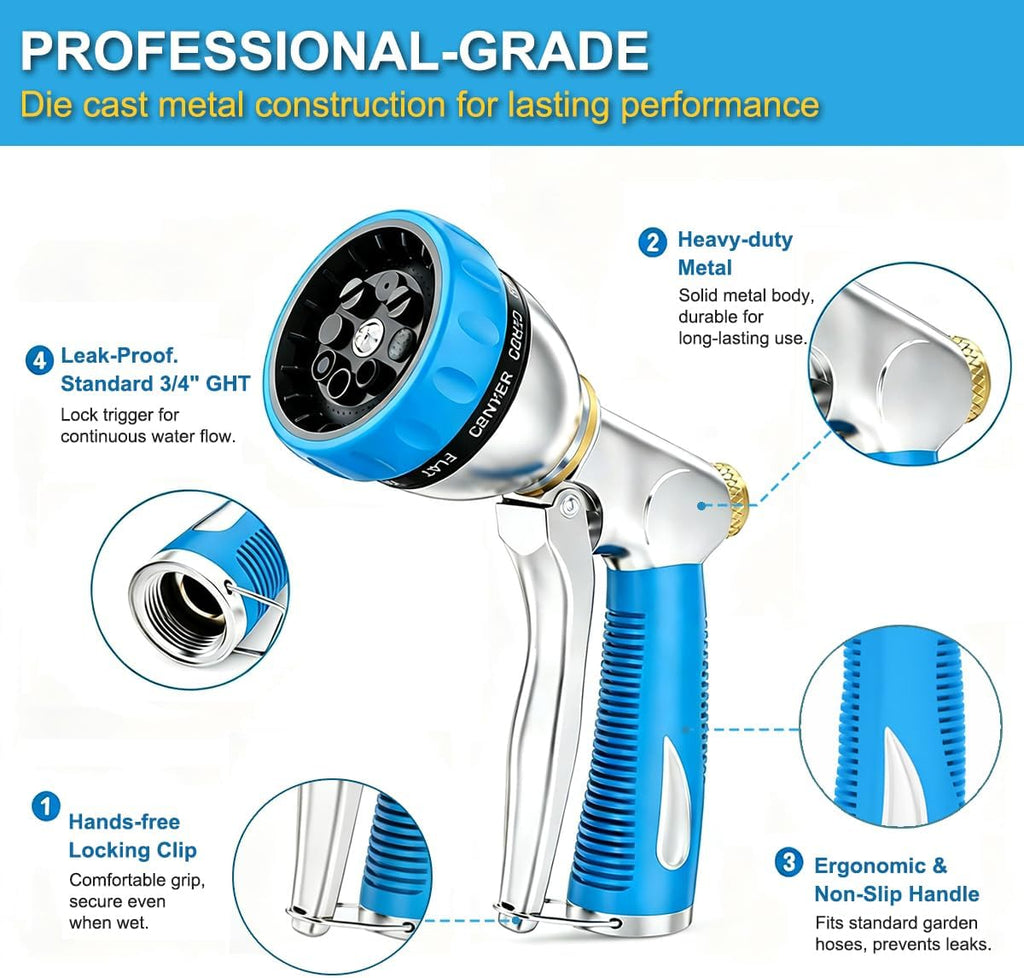 FANHAO Metal Garden Hose Nozzle Heavy Duty, 8 Spray Patterns, High Pressure | Comfortable Non-Slip Handle, Hands-Free