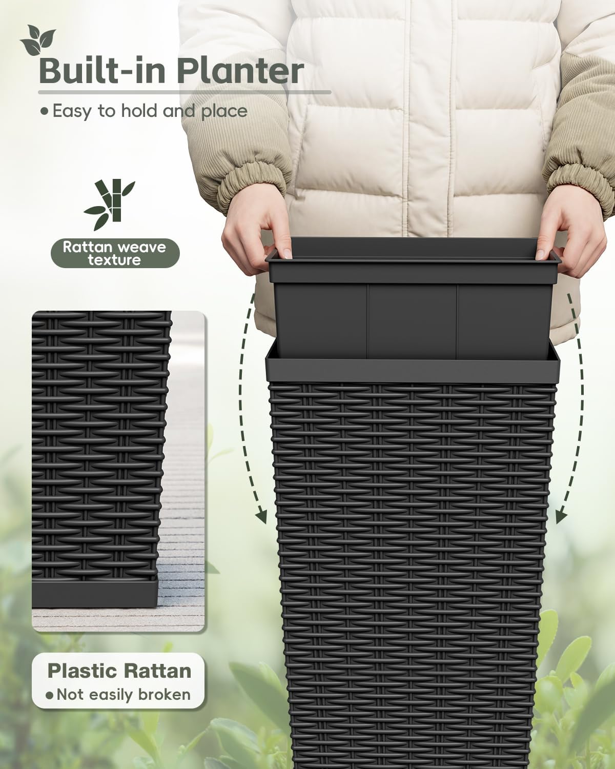 Greesum 24 Inch Tall Plastic Planters with Rattan Texture – Set of 2, Black | Detachable Inner Pot & Drainage Holes
