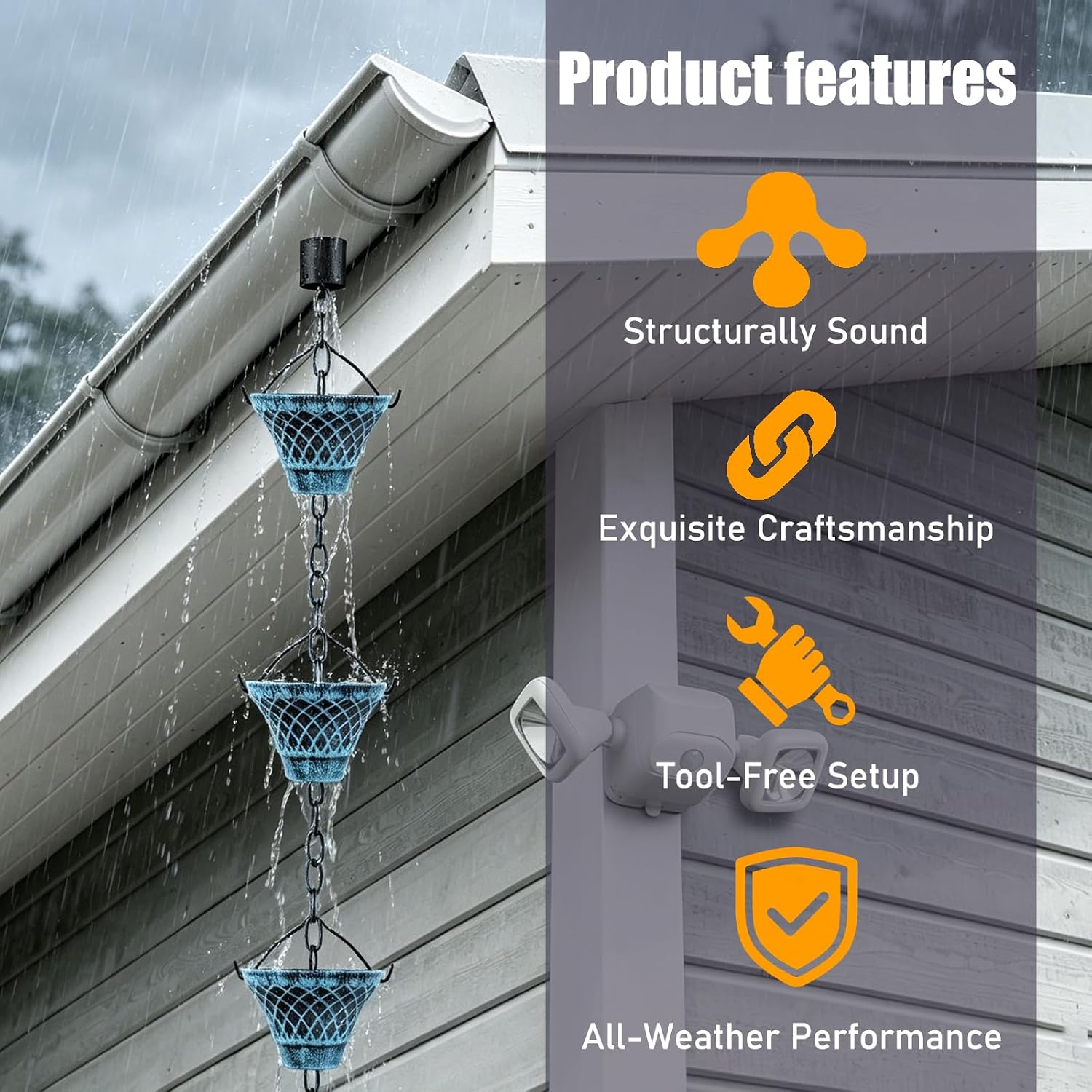 UBasic 8.5FT Rain Chain, Decorative Metal Cup Rainwater Diverter for Gutter Downspout, Outdoor Garden Yard Decor (Blue)