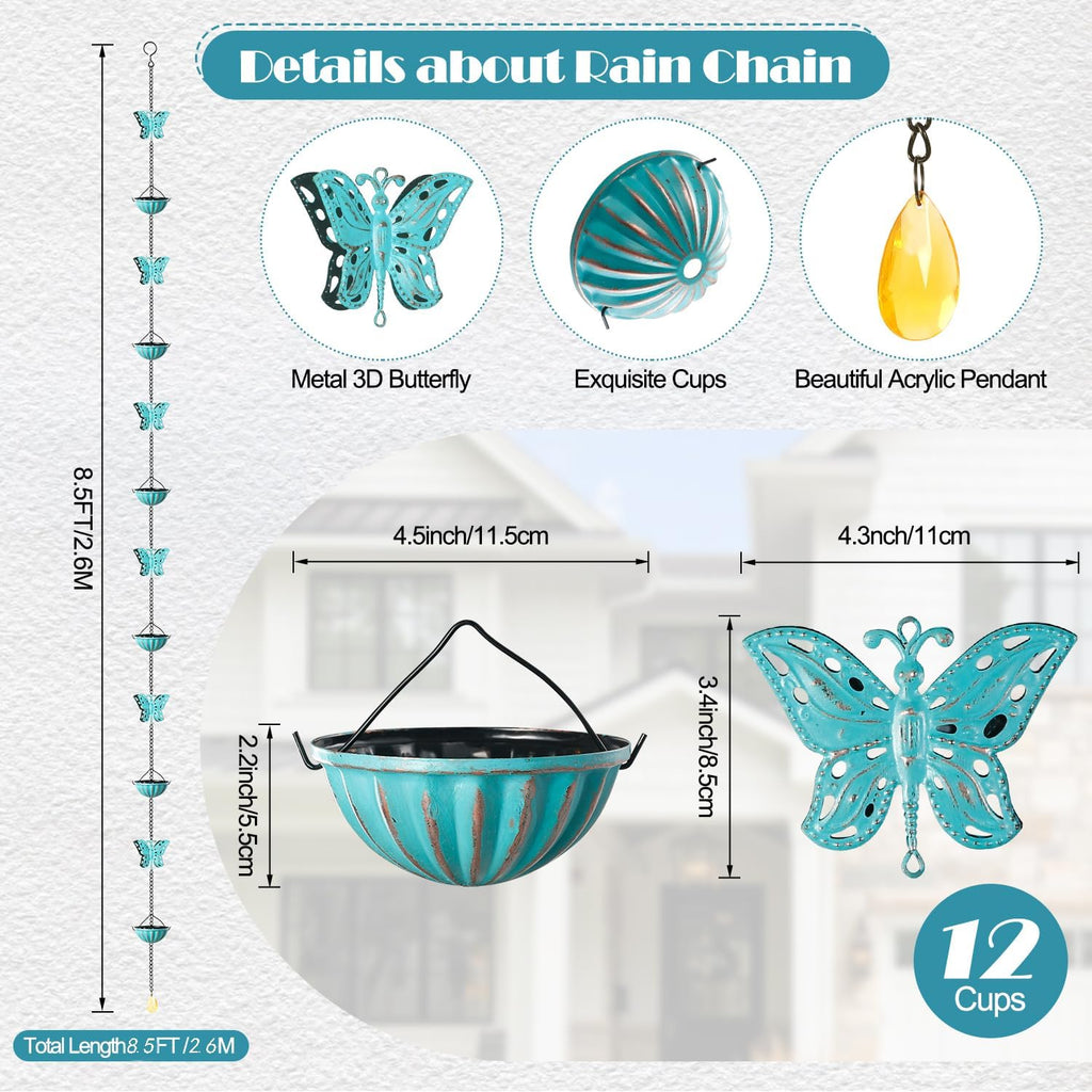 8.5 FT Butterfly Rain Chain with 12 Cups for Gutters Downspouts Outside | Metal Material, Large Opening to Avoid