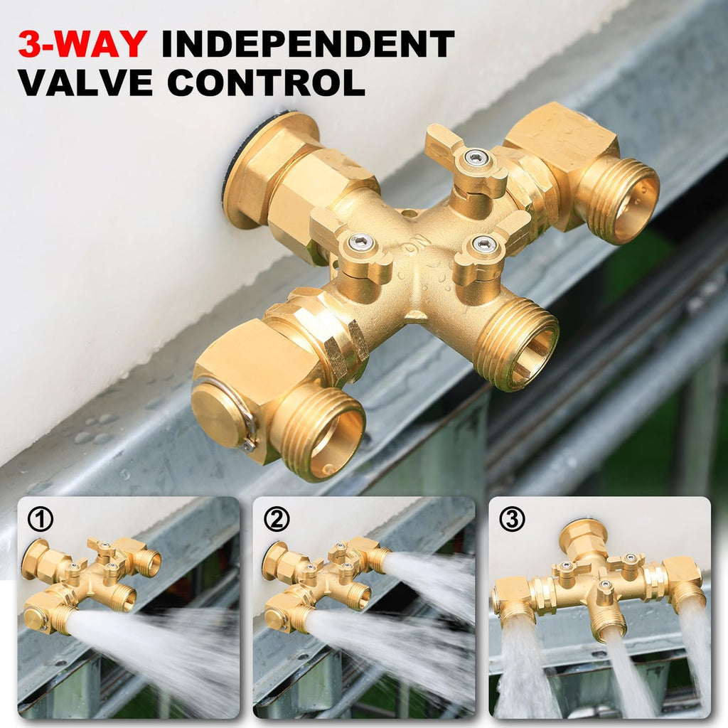Garden Hose Splitter High Flow Splitter with Swivel elbow Connect Brass Hose Splitter with Shut Off Valves 3 way Hose
