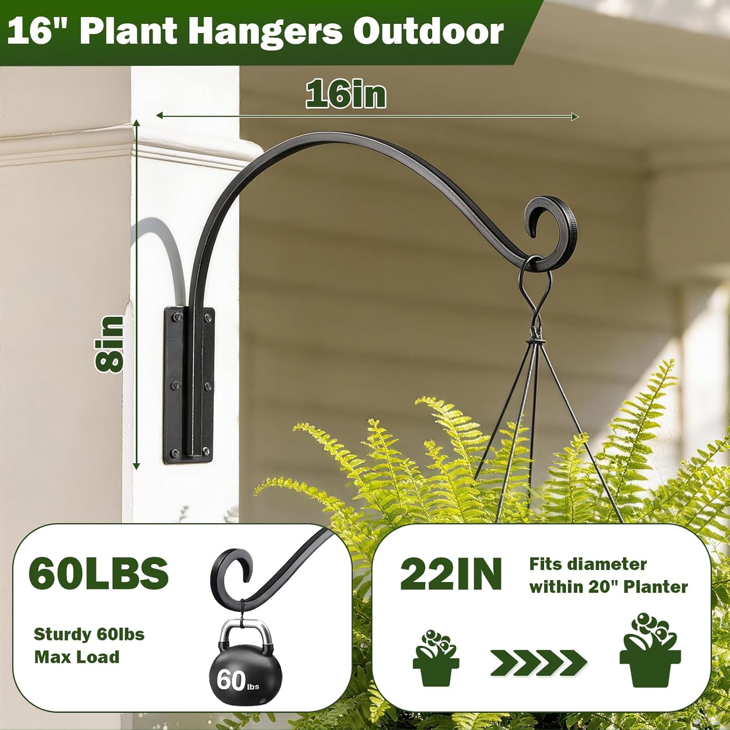 Heavy Duty 16 Inch Plant Hangers Bracket Outdoor 2 Pack Hanging Plant Hook | 60LBS Capacity, Rust-Proof Metal Wall