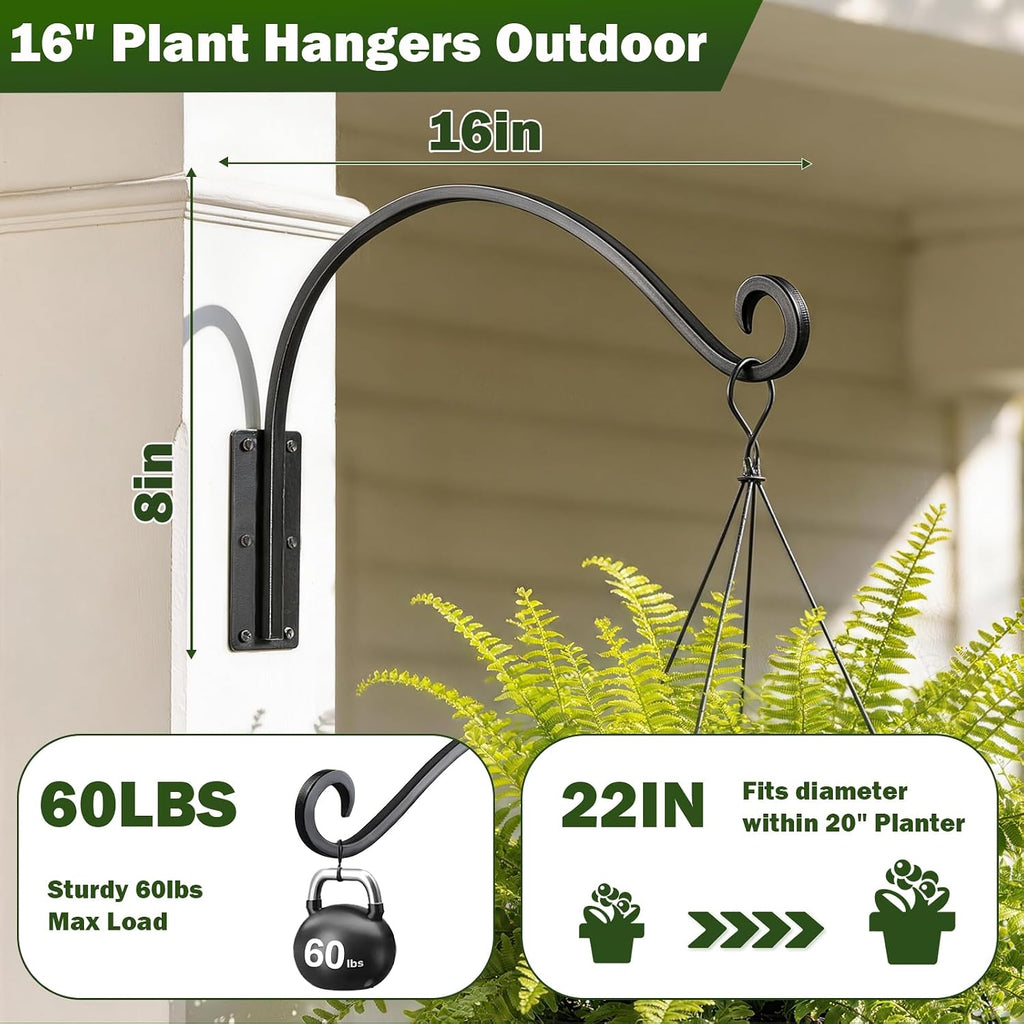 Heavy Duty 16 Inch Plant Hangers Bracket Outdoor 2 Pack Bird Feeder Hanger | 60LBS Capacity, Rust-Proof Metal Wall