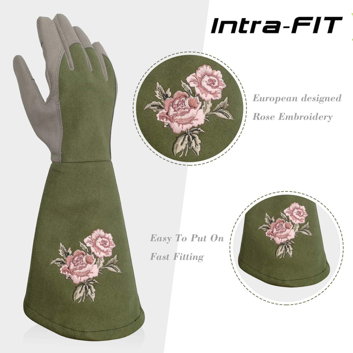Rose Pruning Gloves with Forearm Protection, Thorn Resistant | Embroidery Design with Extra Long Cuff for Gardening and
