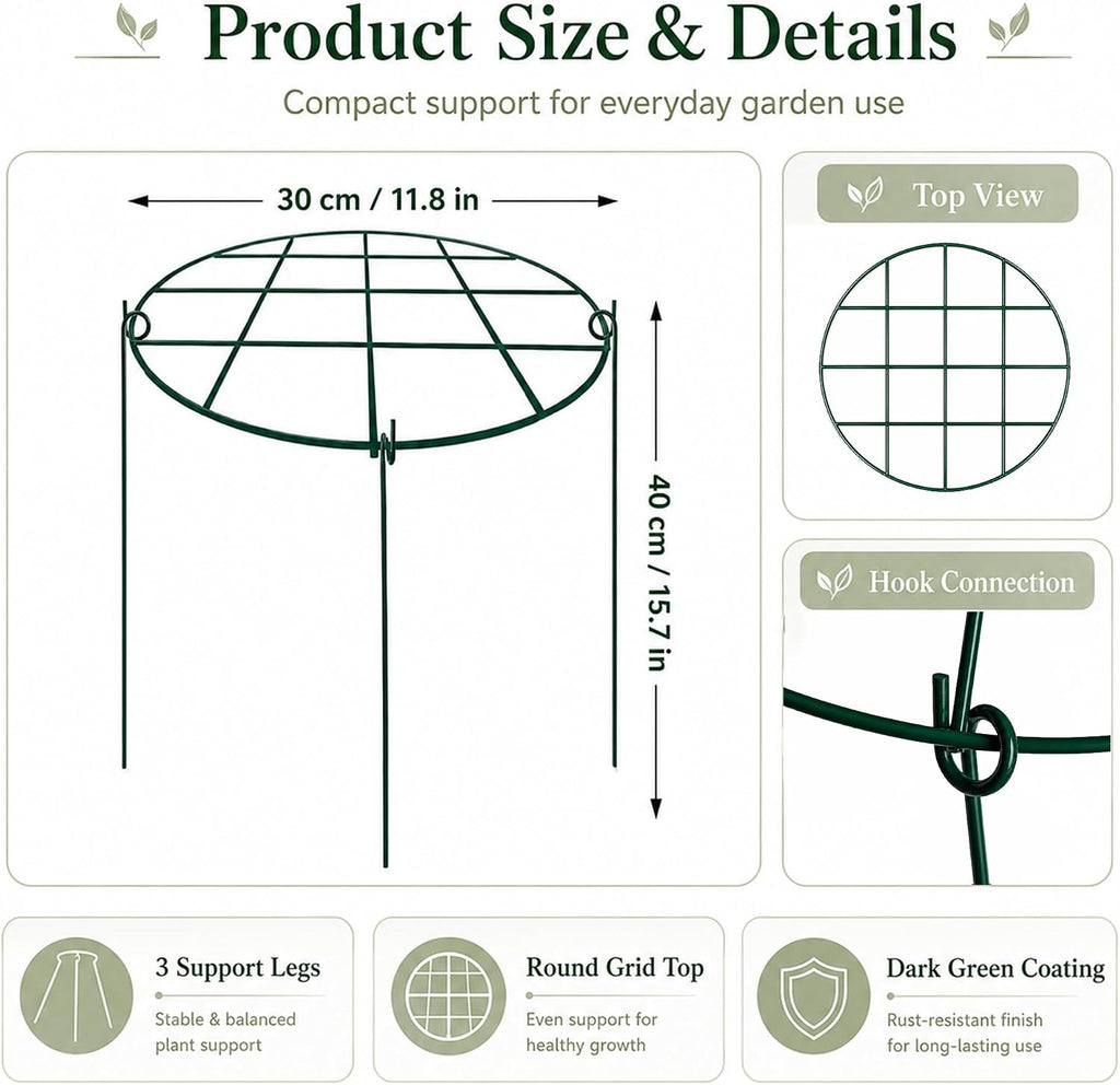 6-Pack Plant Support Stakes 11.8"x 15.7" Metal Plant Support Rings, Rustproof Peony Cages with 3-Leg Stand for
