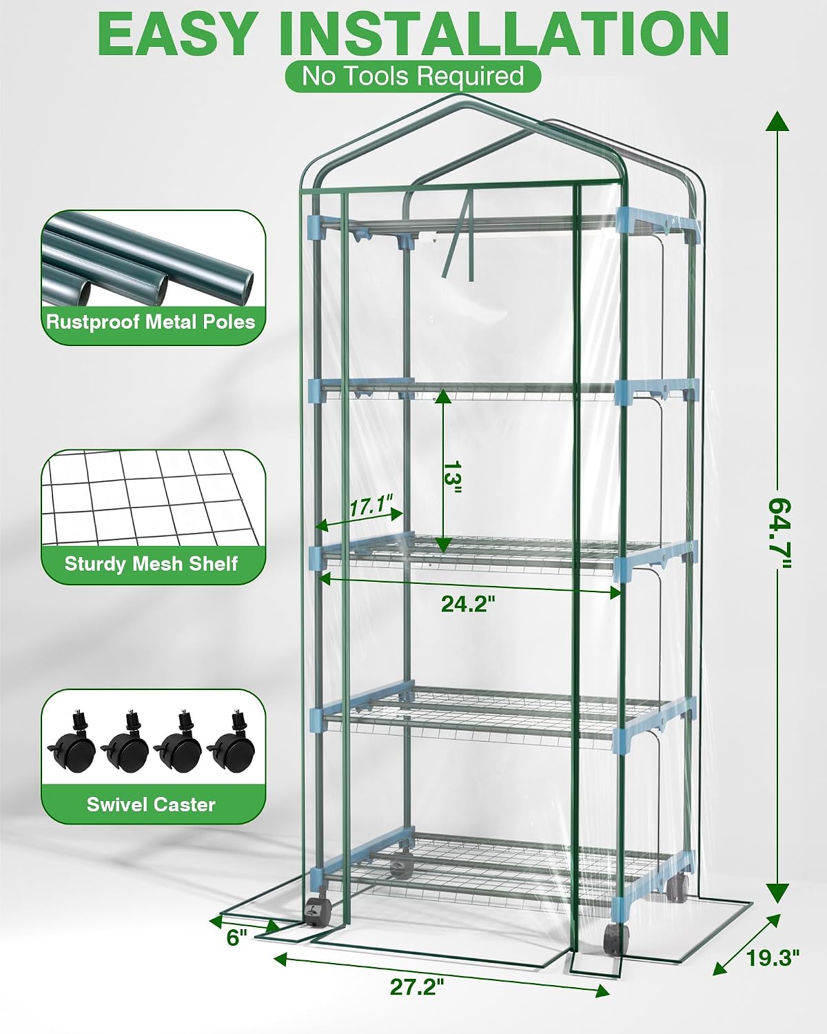 PYY Mini Indoor Greenhouse with Grow Light - Small Portable Outdoor Plant Green House Cabinet with Wheels, Thermometer