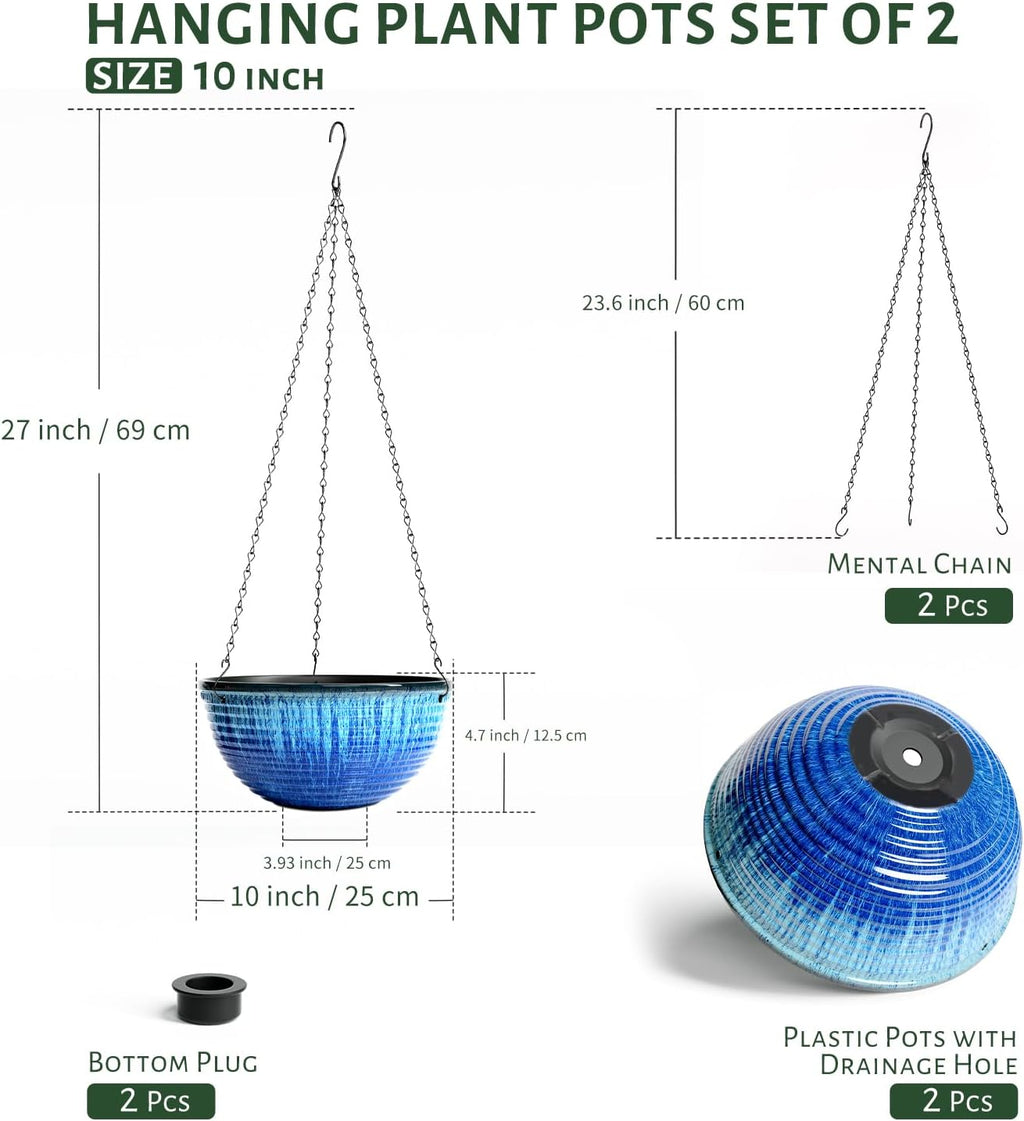 2 Pack 10 Inch Glazed Hanging Planters, Hanging Baskets with Drainage Hole | Ceramic Look, Hanging Flower Pots for