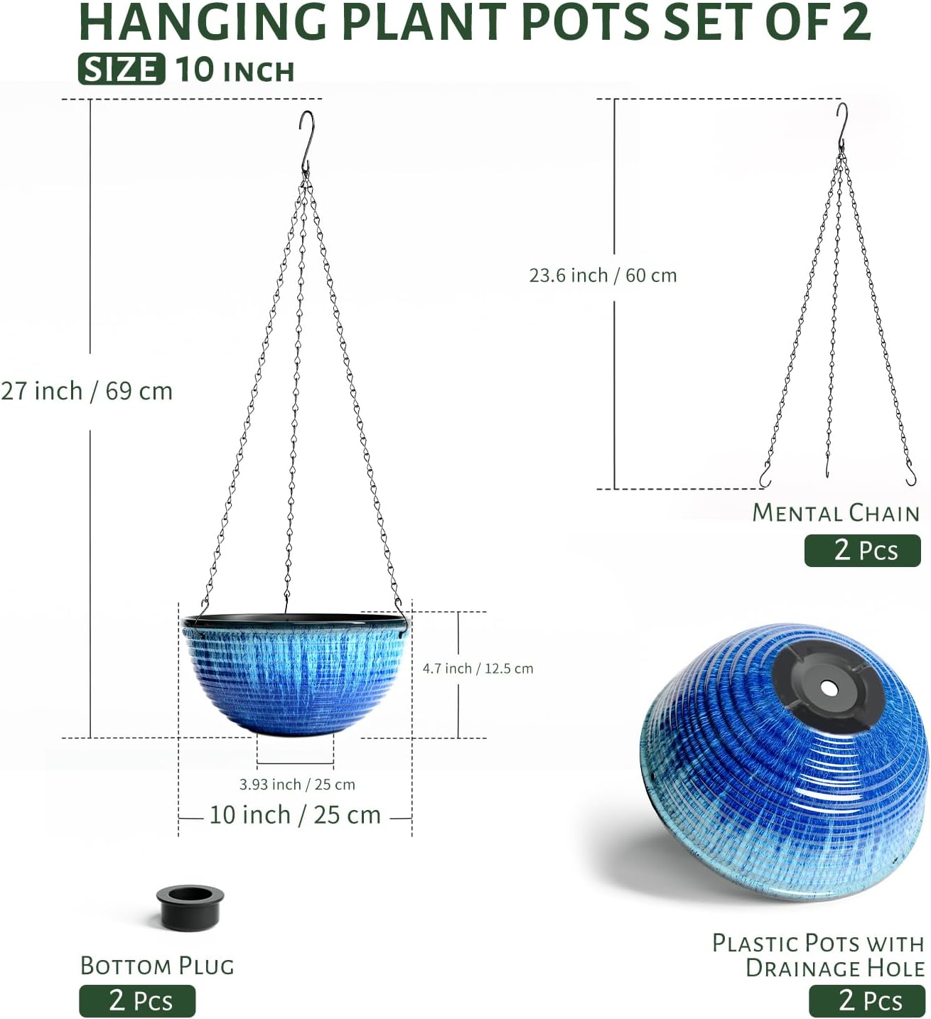 2 Pack 10 Inch Glazed Hanging Planters, Hanging Baskets with Drainage Hole | Ceramic Look, Hanging Flower Pots for