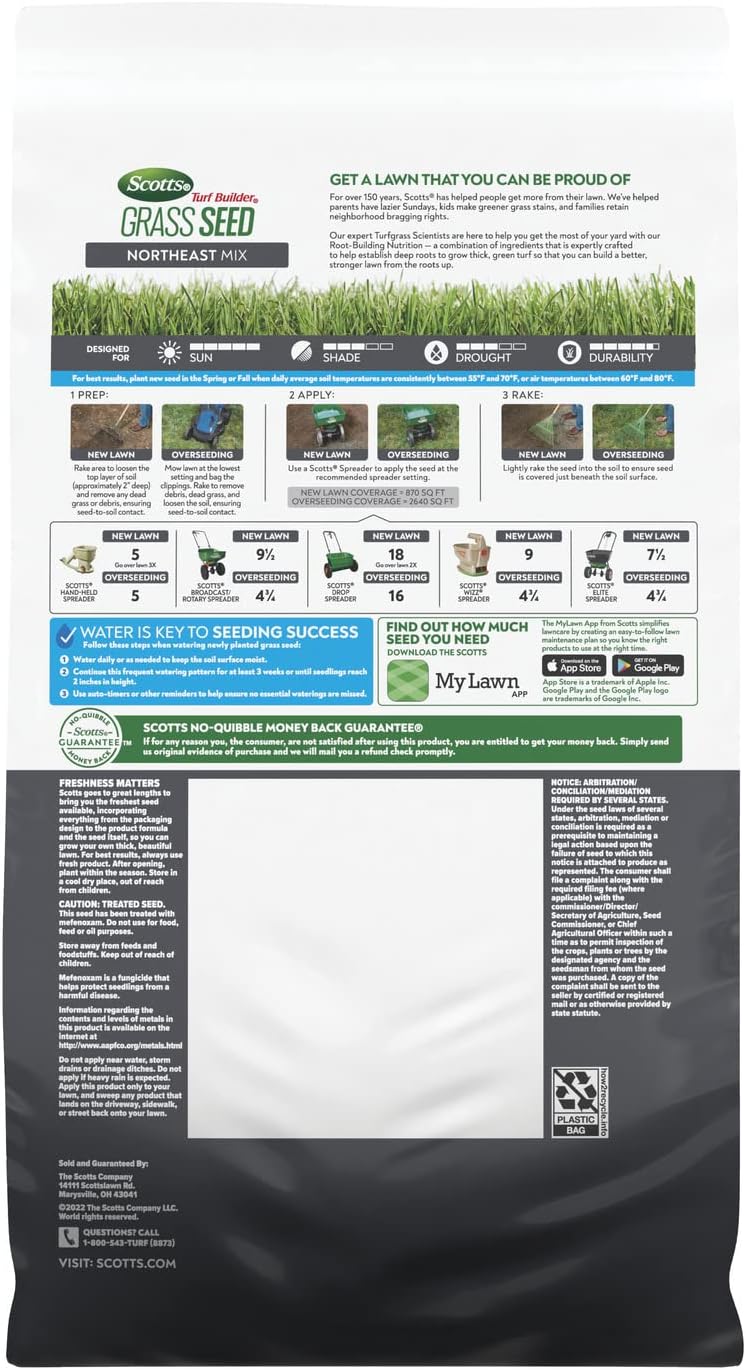 Scotts Turf Builder Grass Seed Northeast Mix, 5.6 lbs. | Grass Seed Plus Lawn Fertilizer and Soil Improver, Covers Up