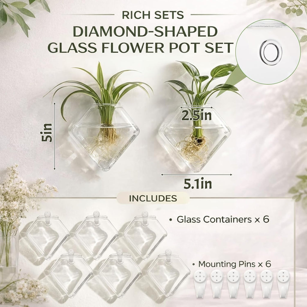 Yungyan 6 Pack Wall Mounted Glass Planter Borosilicate Glass Diamond Hanging Vase with Hidden Invisible Hook Hydroponic