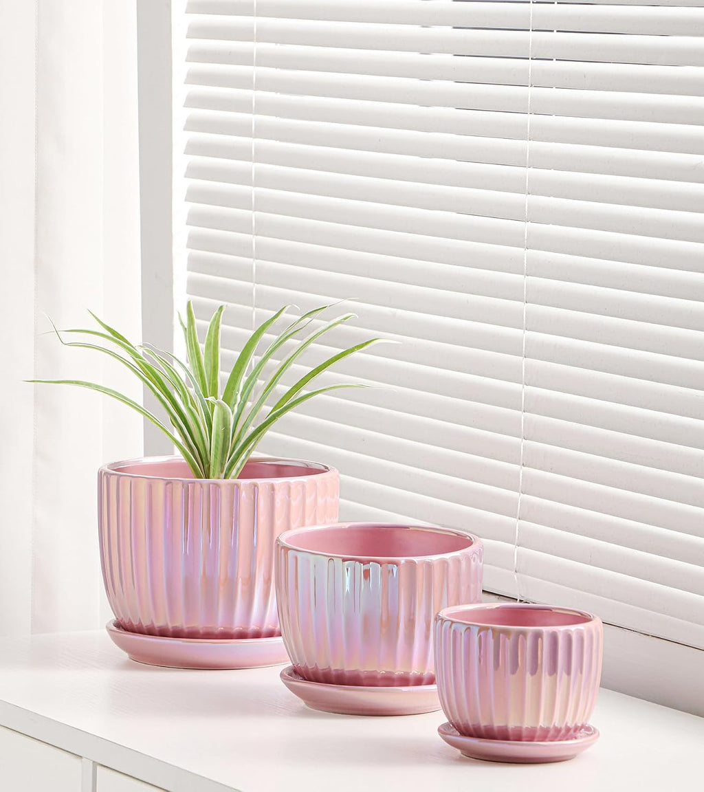 Pink Plant Pots，Ceramic Planters with Drainage Holes and Saucers Set of 3 | Ceramic Planters for Indoor Plants | Cute