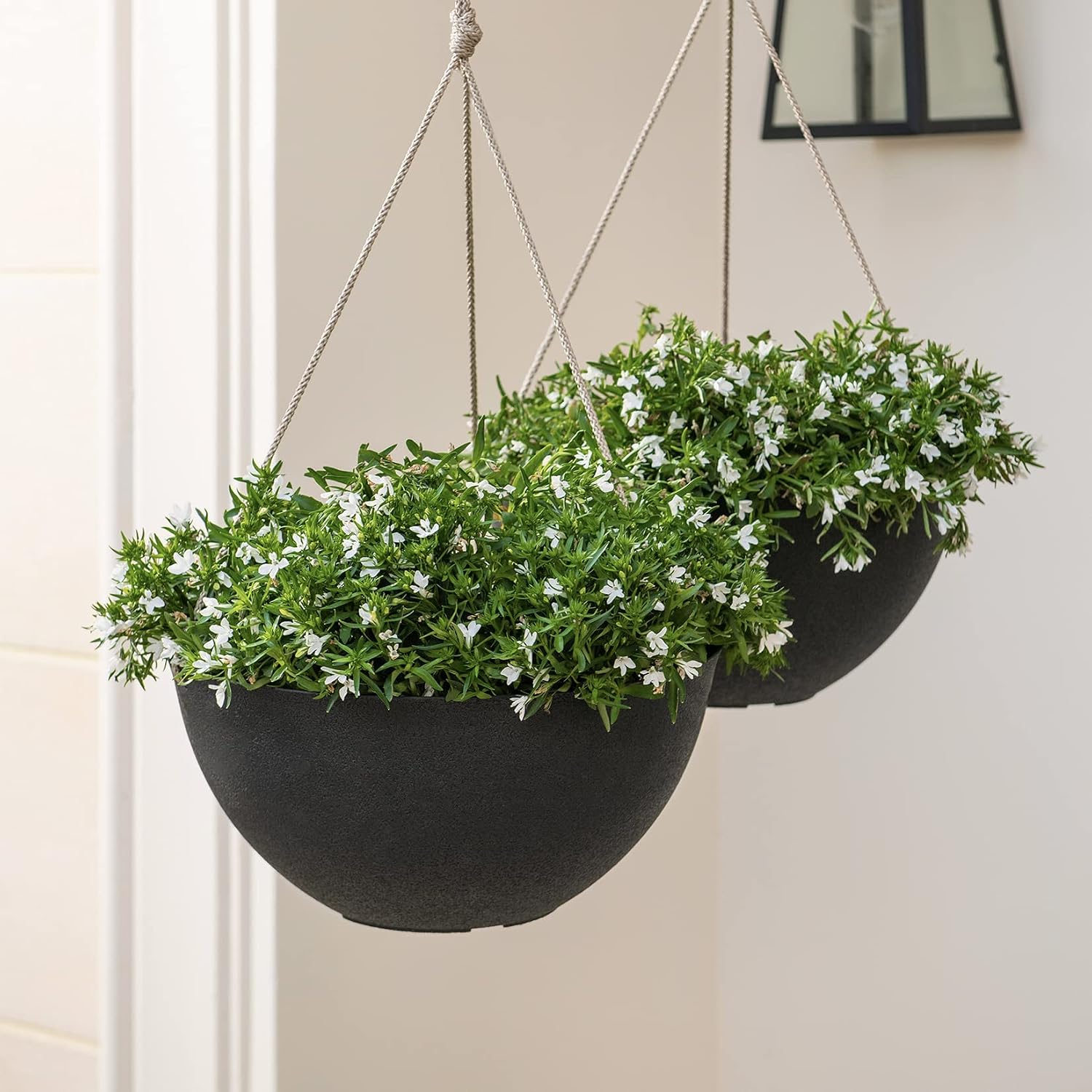 LA JOLIE MUSE Large Hanging Planters for Outdoor Plants, Set of 2, 13 Inch | Black Hanging Baskets with Drainage Holes