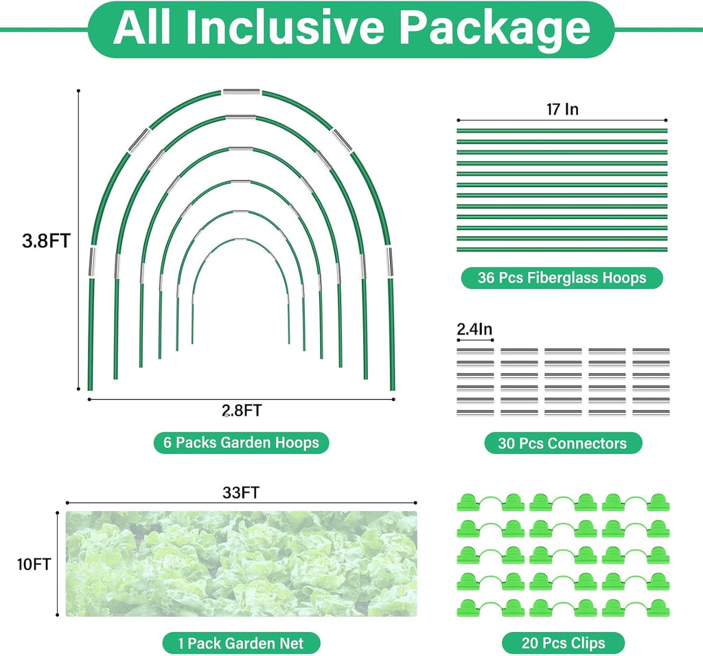 Garden Mesh Netting Kit for Raised Beds, 10x33FT Ultra Fine Mesh Netting& 6 Sets 8FT Fiberglass Garden Hoops, Insect
