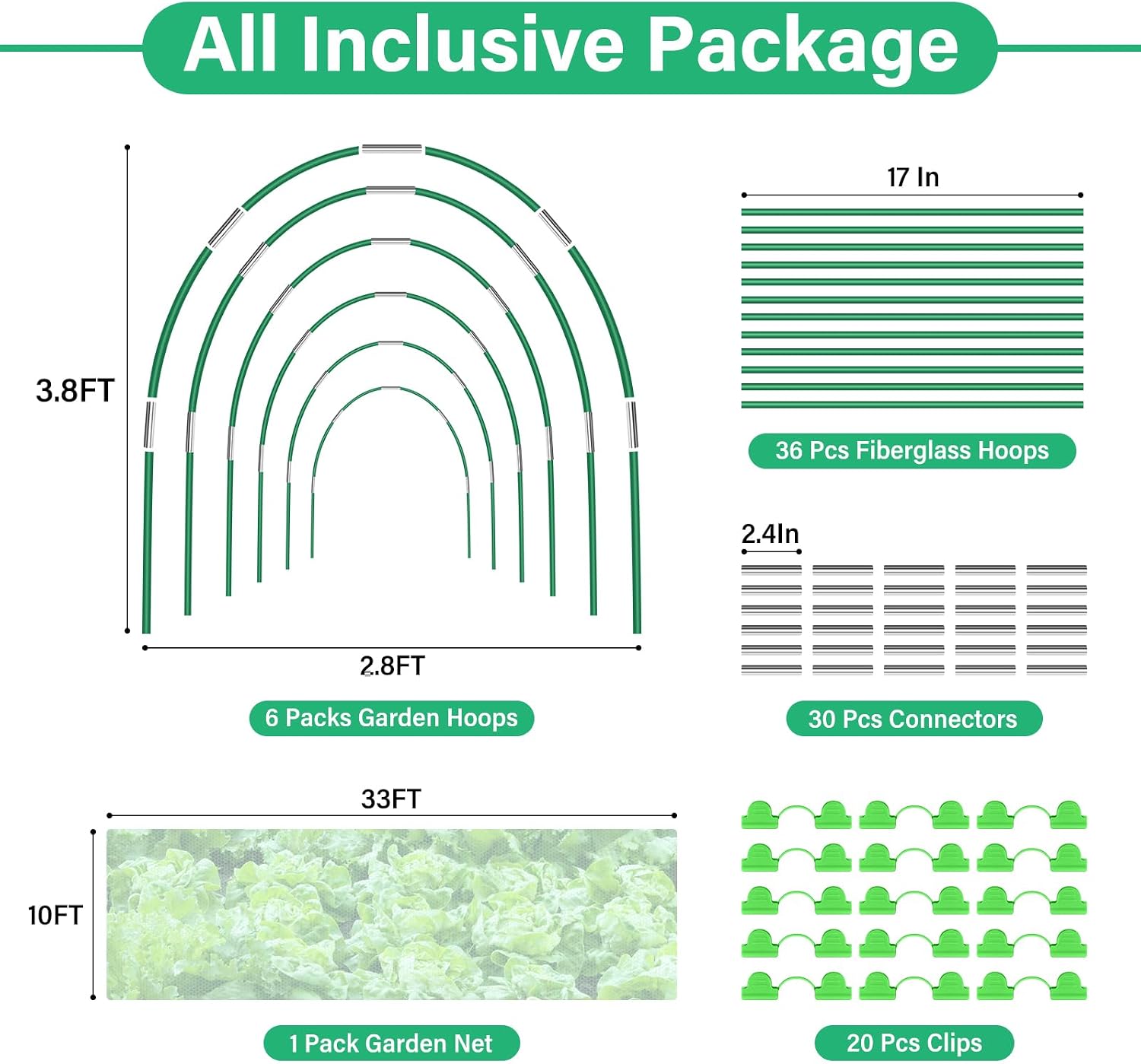 Garden Mesh Netting Kit for Raised Beds, 10x33FT Ultra Fine Mesh Netting& 6 Sets 8FT Fiberglass Garden Hoops, Insect
