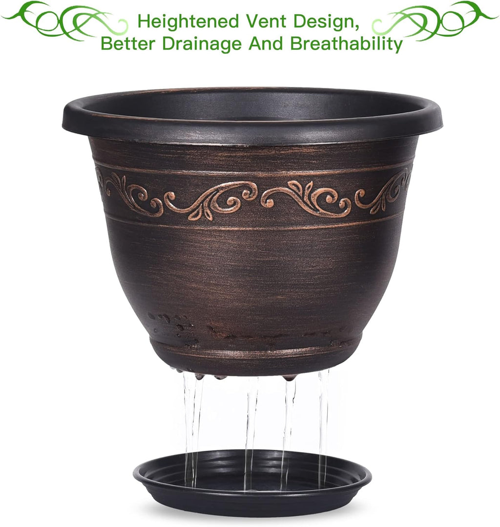 Plastic-Plant-Flower-Planters-12 Inch with Drainage Hole & Saucer, 3 Packs Lightweight Small Resin Flower Pot Indoor