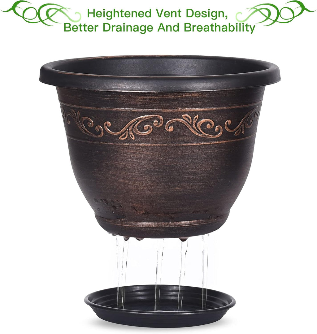 Plastic-Plant-Flower-Planters-16 Inch With Drainage Hole & Saucer, 3 Packs Lightweight Small Resin Flower Pot Indoor