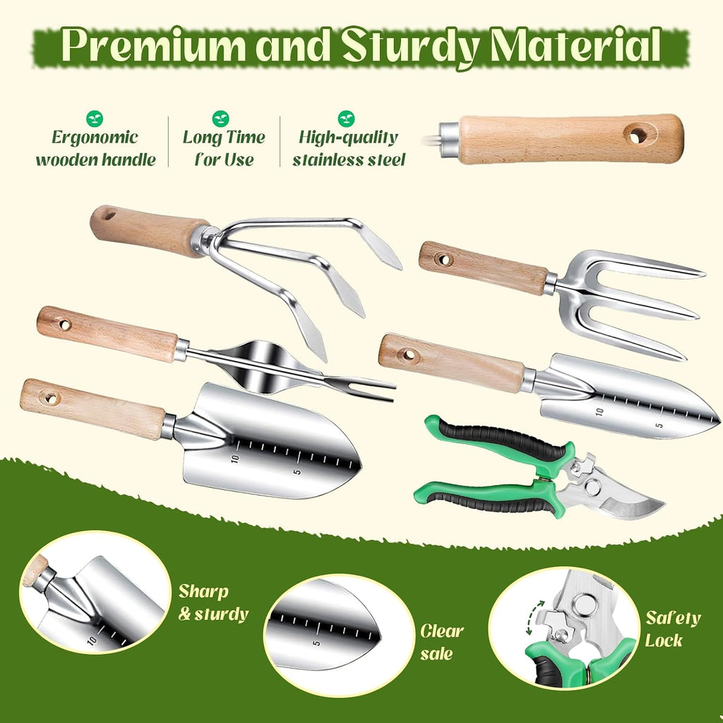 Garden Tools 9 Pcs Heavy Duty Gardening Tool Set Green Tote Bag Men Women | 9-Piece Gardening Gifts, Rust-Proof