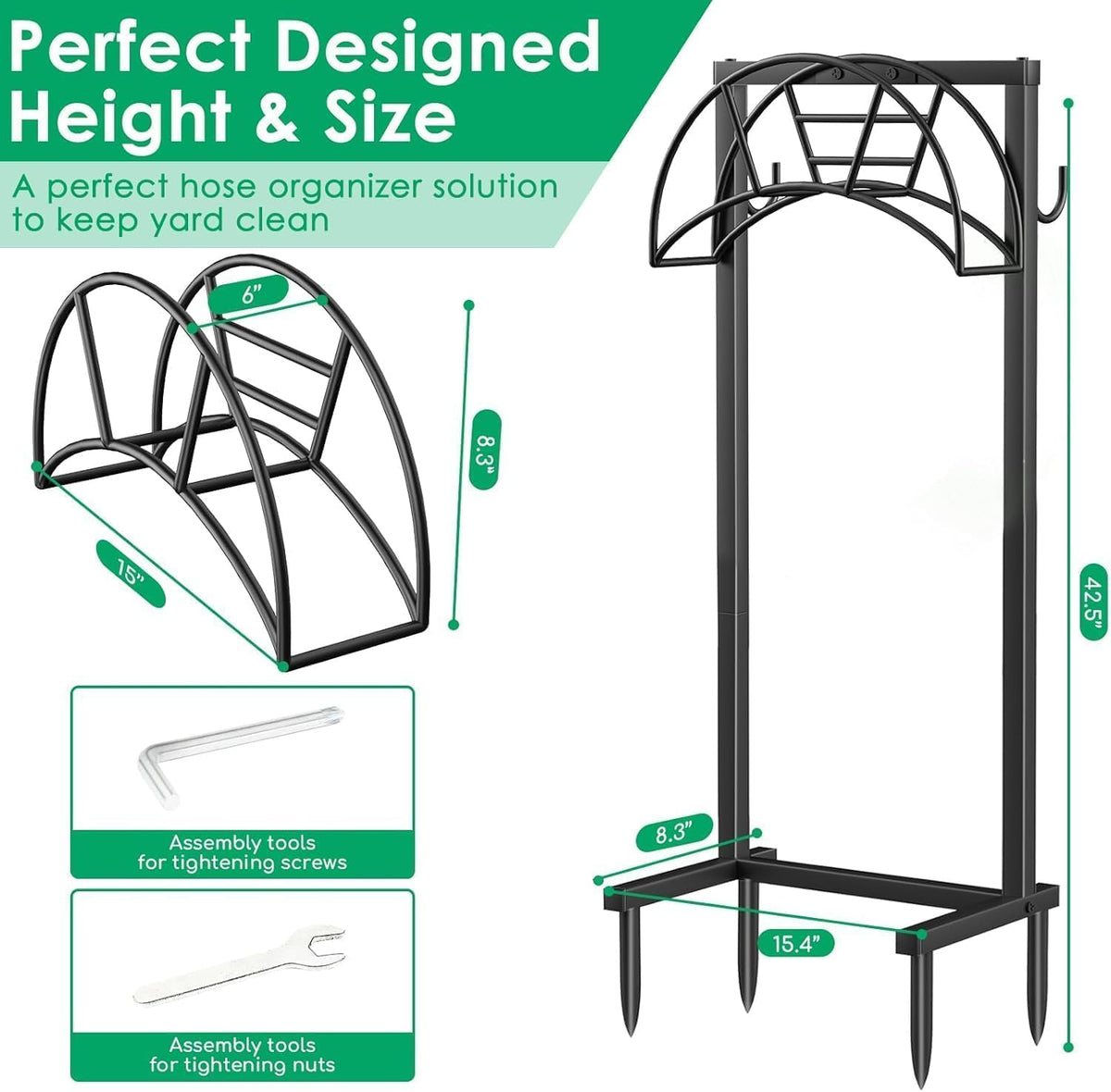 TomCare Garden Hose Holder, 4 Spikes Heavy Duty Hose Stand for 160FT Hose | Thick Metal Frame, 250 lbs Load Capacity