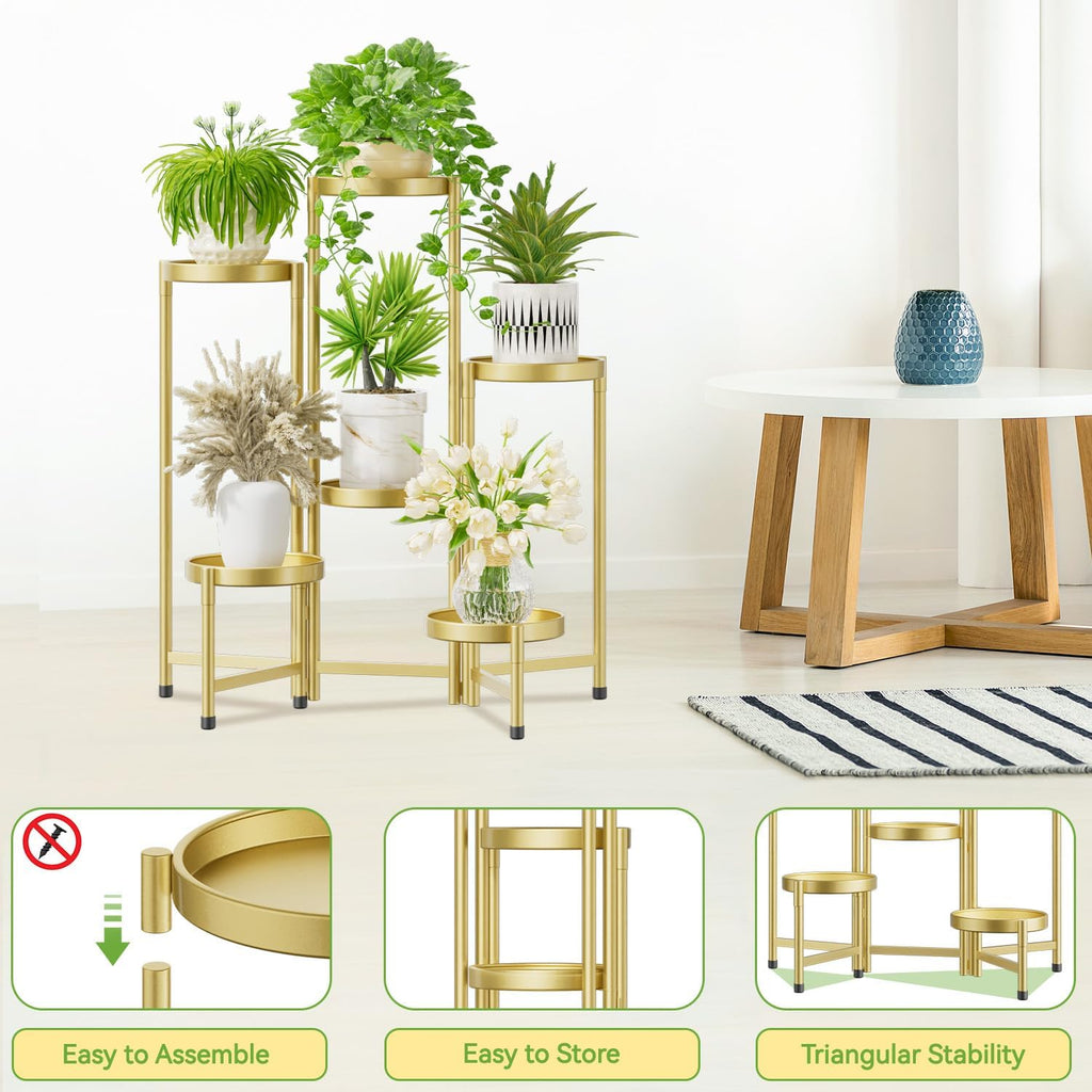 iDavosic.ly Plant Stand Indoor Outdoor, 6 Tier Metal Corner Shelf, Gold | Tiered Flower Display Holder, Folding Multi