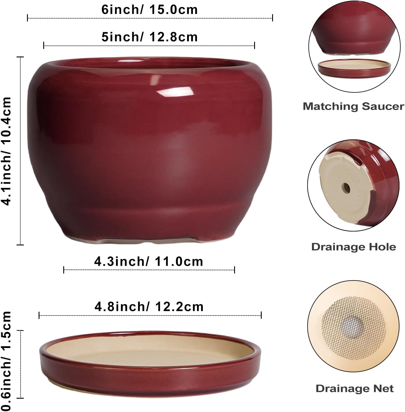 SQOWL 6 Inch Plant Pot - Ceramic Planter for Indoor Plants Outdoor, Round Planter with Drainage Hole and Saucer