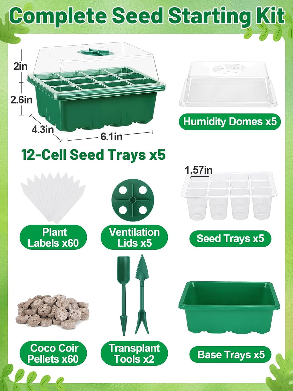 Apipi 5 Pack Seed Starter Kit with 60 Coco Coir Pellets | 60 Cell Seed Starter Trays with Domes, for Indoor Greenhouse