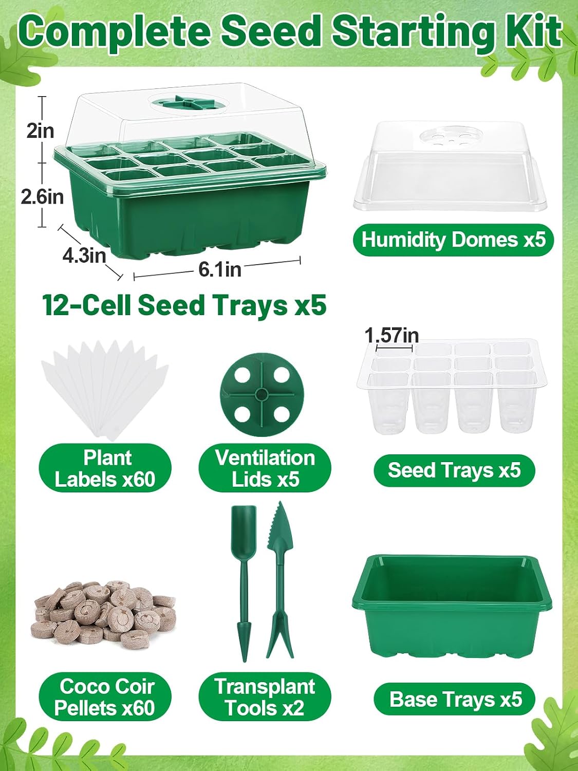 Apipi 5 Pack Seed Starter Kit with 60 Coco Coir Pellets | 60 Cell Seed Starter Trays with Domes, for Indoor Greenhouse