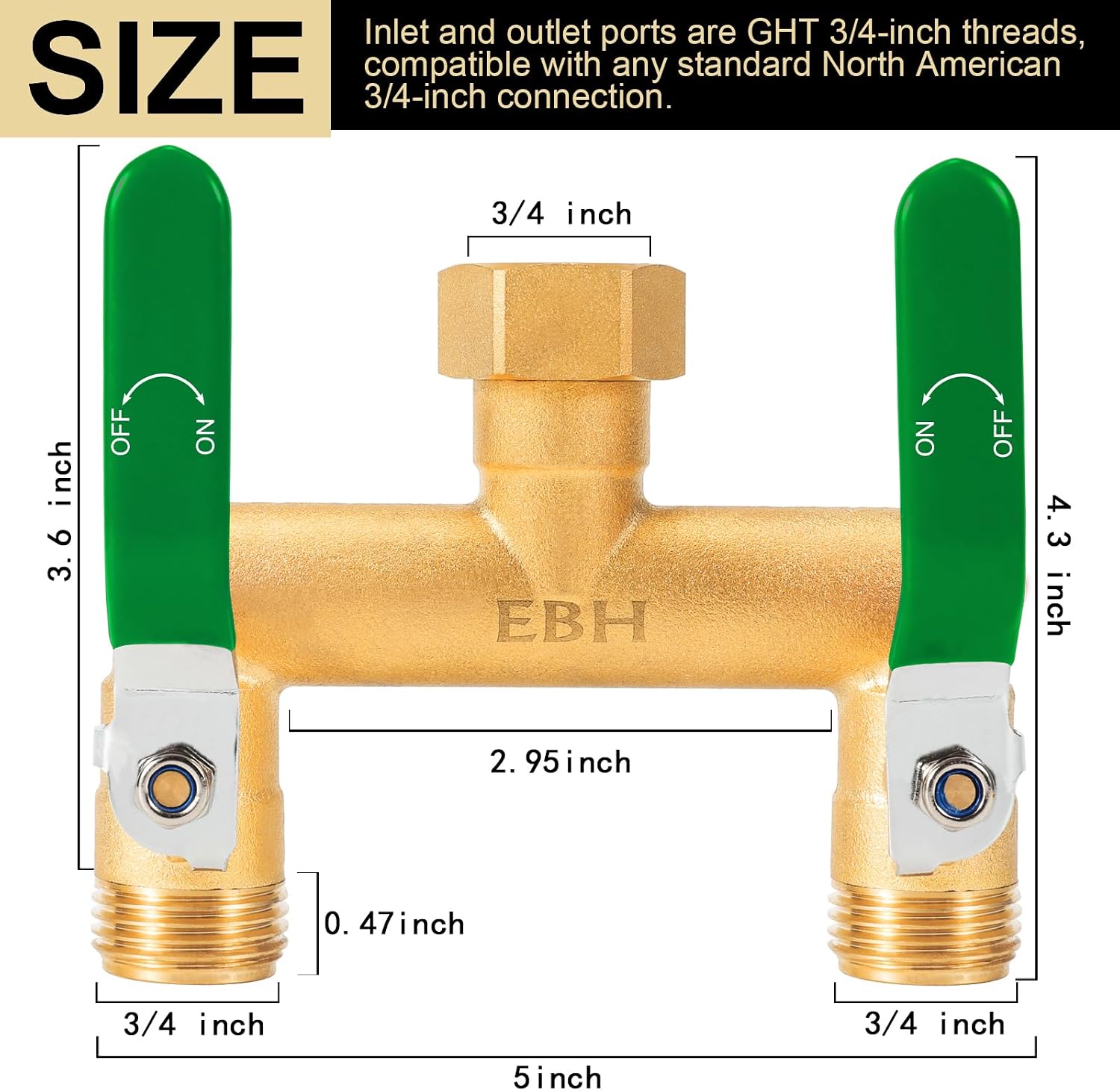 EBH Garden Hose Splitter, 2-Way High Flow Heavy Duty Brass Outdoor Hose Manifold with Extra Long Handles Full Flow