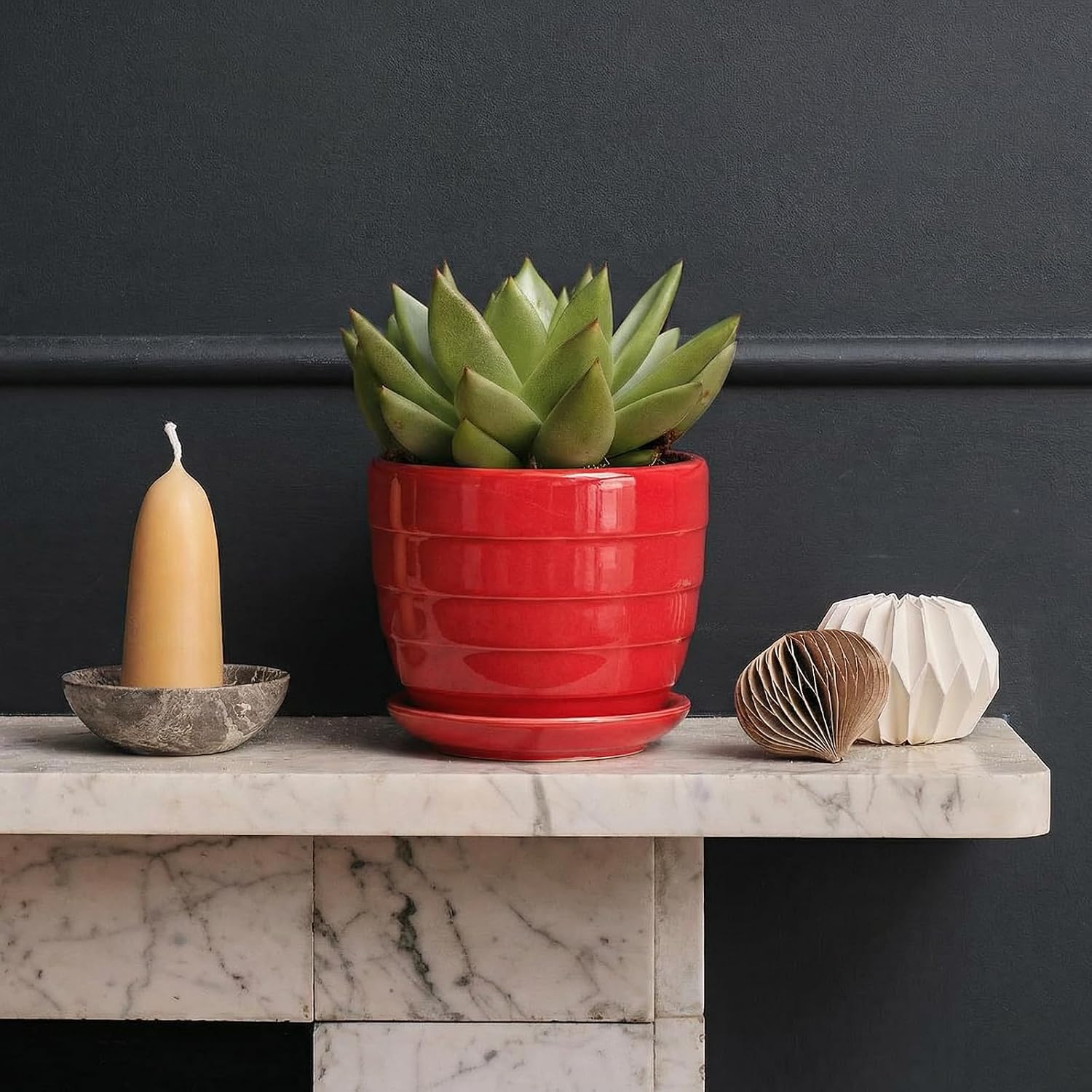 Elsjoy 6 Pack 4.3 Inch Ceramic Succulent Pots with Drainage and Attached Saucer, Small Decorative Succulent Planter