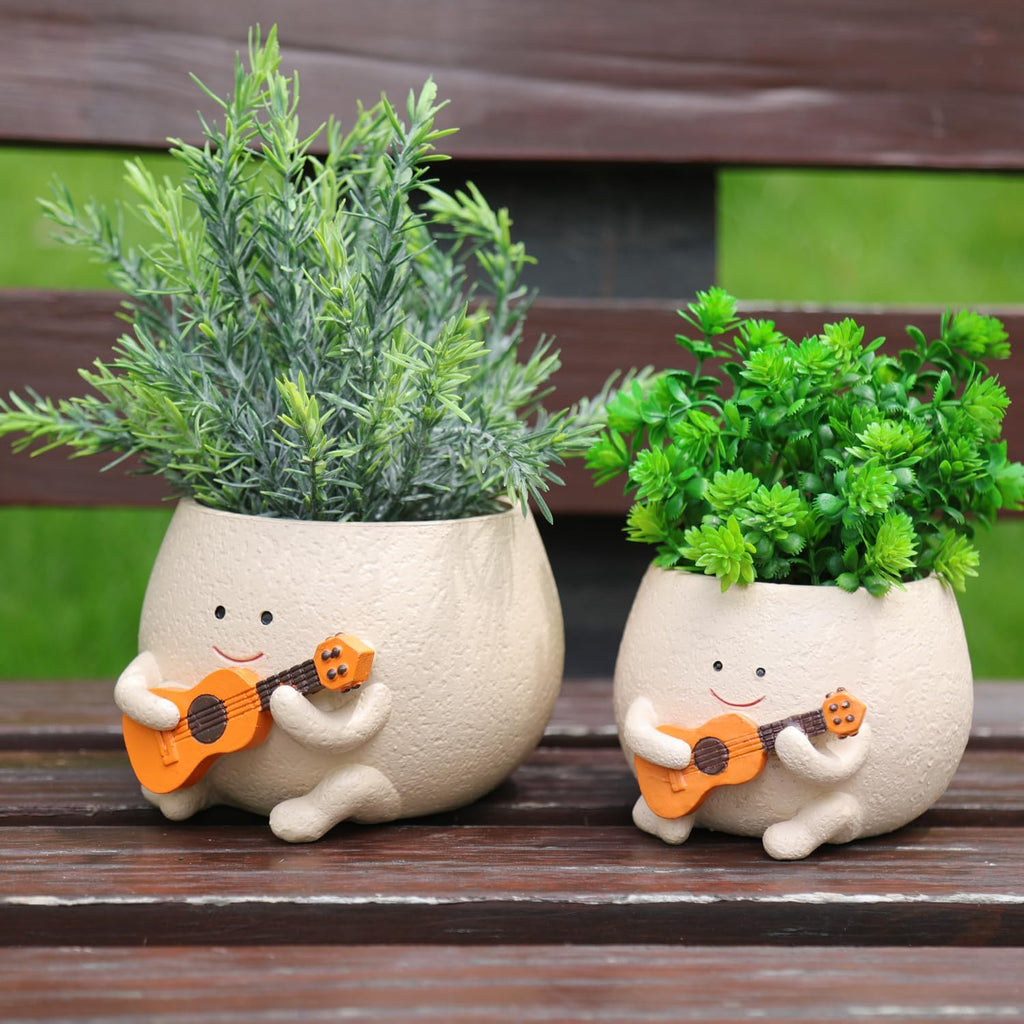 Smily Face Planter Pot with Drainage Hole Cute Resin Head Planters for String of Pearls Plant Live Unique Guitar