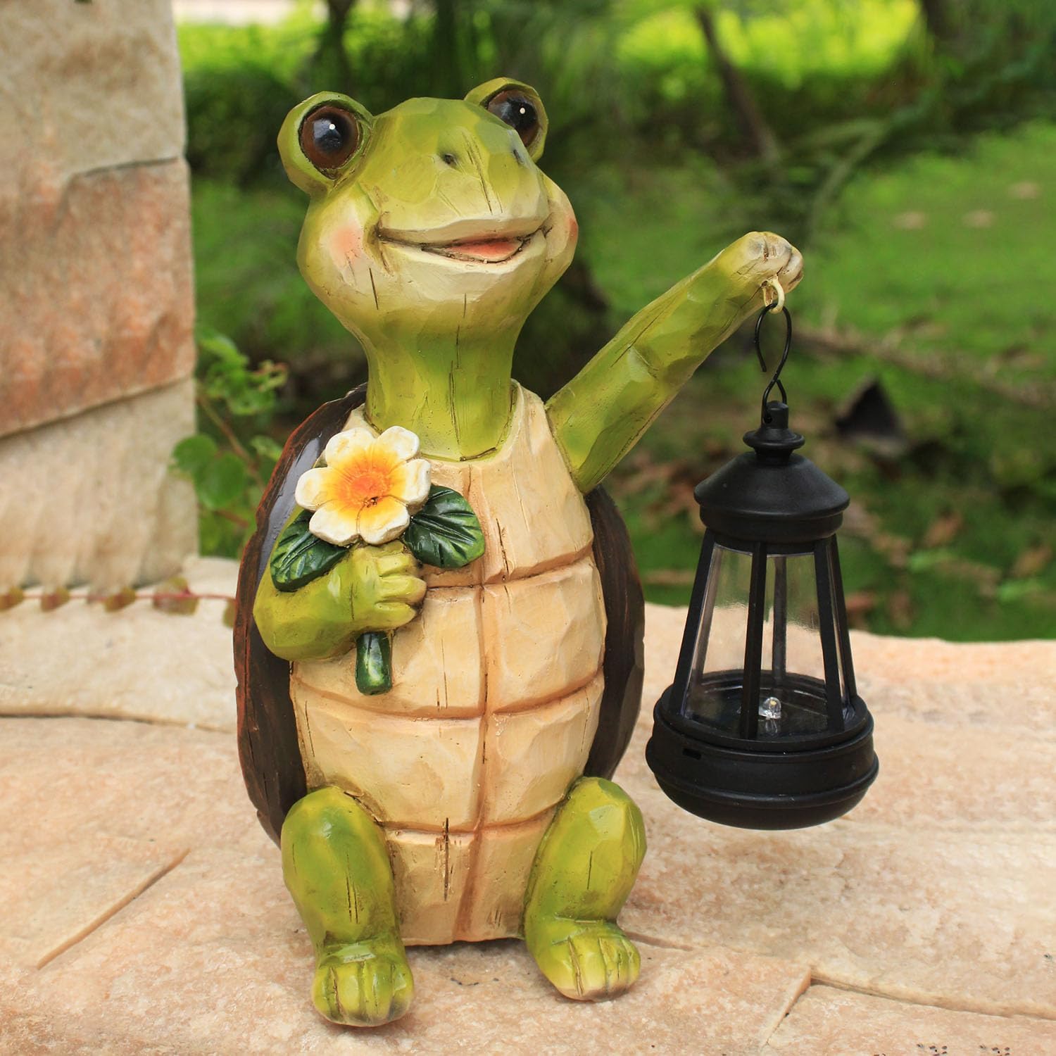 Solar Turtle Garden Statue, Resin Figurine with Hanging Solar Lantern Outdoor Statues for Patio (Turtle 1)